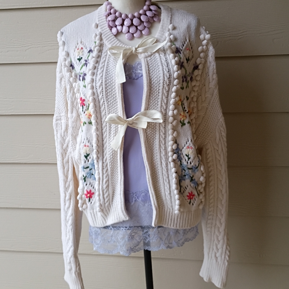 Polo Ralph Lauren Embroidered Floral Chunky Cable Knit Wool Cardigan Sweater - Picture 3 of 16